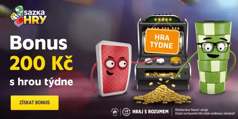 Radioservis Hry bonus 200 Kč s vybranou hrou týdne Animované postavy karty a žetonu hrají na automatu s nápisem Hra týdne a propagují bonus 200 Kč